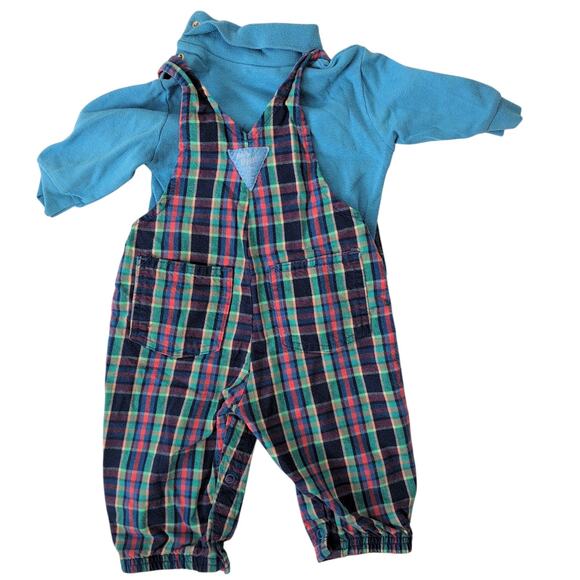 Vintage Oshkosh B’gosh Bubble Overalls Vestbak 6-9 Months USA Cotton Plaid Blue - Picture 2 of 8
